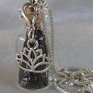 Peacock Feather Glass Bottle Necklace Buddha Hand Lotus Dream Zip Pull Handmade